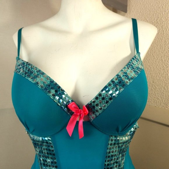 Vintage Bustier Corset Lingerie L Teal Blue Silver Sequin Underwired Pink Ribbon - Picture 2 of 8